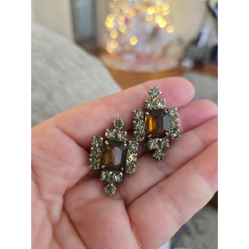Brown and Topaz Rhinestone Earrings 50s Vintage Clips